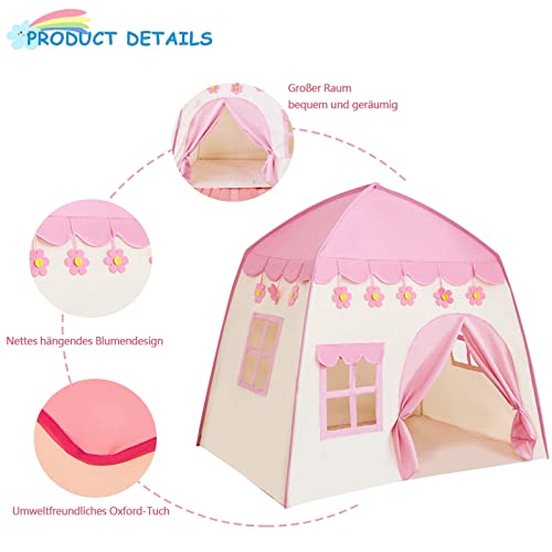 Kindertent, speeltent, tipi-tent voor kinderen, binnen, kinderkamer, speelhuis, speelhuis, speelhuisje, kinderspeelkasteel voor sprookjes, binnen en buiten (roze) - Afbeelding 6