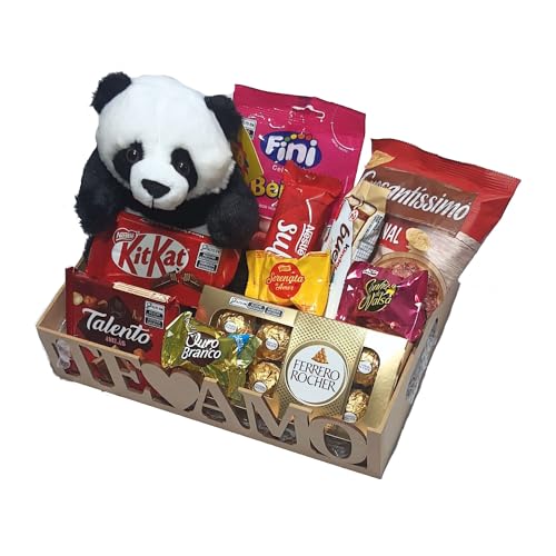 Cesta Presente Urso Panda Pelúcia Bichinhos Aniversário, Fini, Bombons