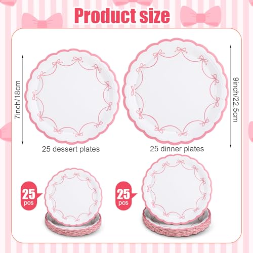 image for Yungyan 50 Pcs Pink Bow Plates 7 and 9 Inch Coquette Bow Paper Plates 
