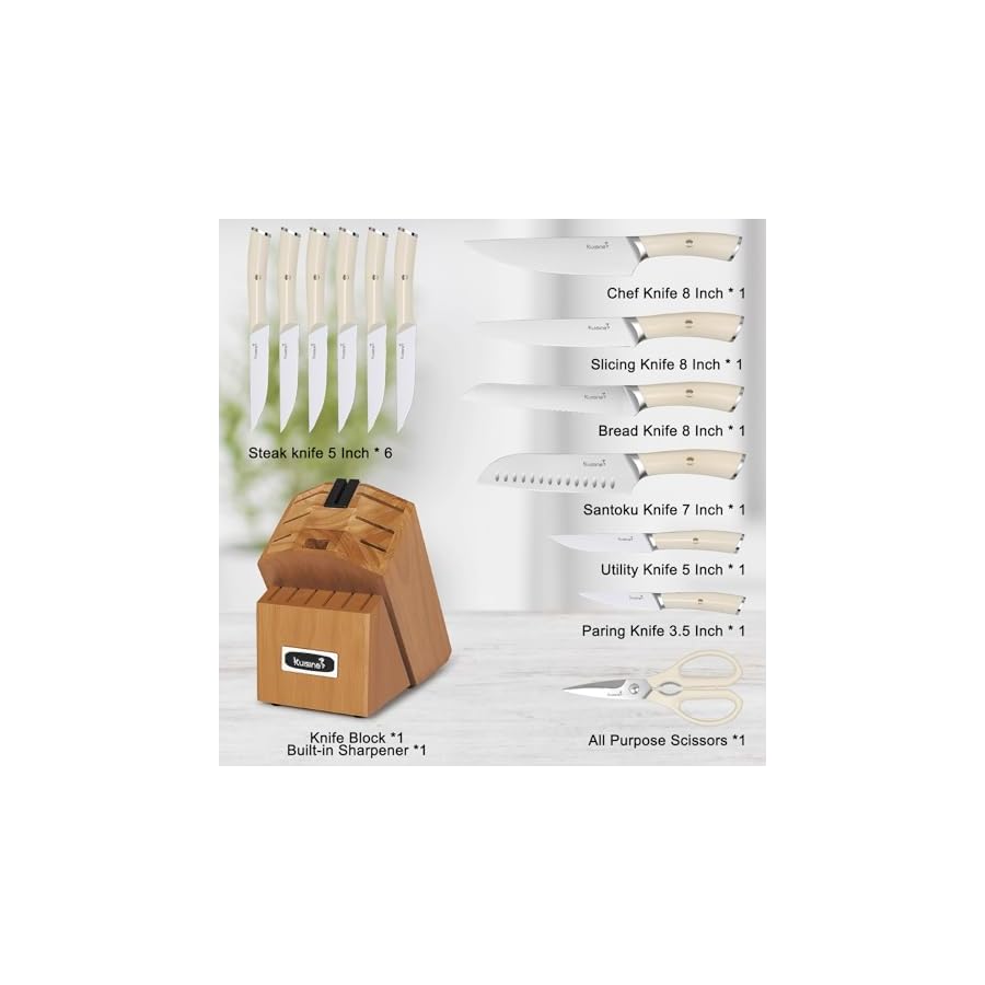 Kuisine Kitchen Knife Set,High Carbon Stainless Steel Ultra Sharp Blade Ergonomic Handle,Knife Block Set with Built-in Sharpener,Elegant Gift for Holiday(Irovy-Acacia,15PCS)