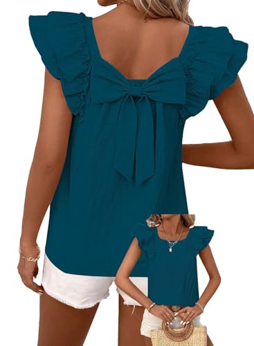 Image of Falechay Womens Bow Tie Back Tops Round Neck Ruffle Short Sleeve Shirts Cute Babydoll Chiffon Tee Women Summer Trendy Tunic