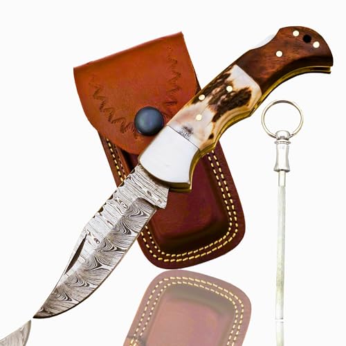 Damascus Pocket Knife for Men - 6.8 Inches Deer Antler Knife - Pocket Knives & Folding Knives with Sheath & Back Lock - Stag Handle Knife with Sharpener - Folding Pocket knife for Camping & Hiking