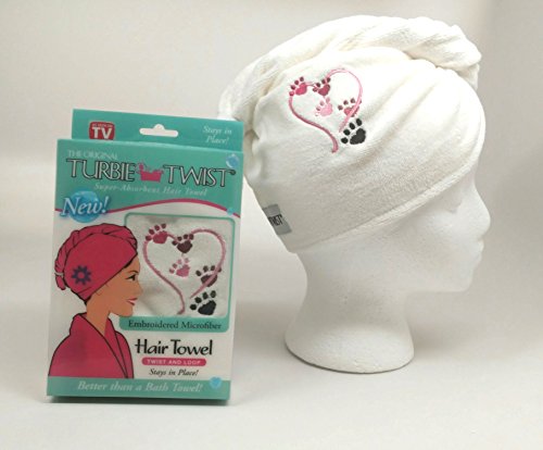 Turbie Twist Microfiber Super Absorbent Hair Towel (2 Pack ) White with Paw print heart embroidery