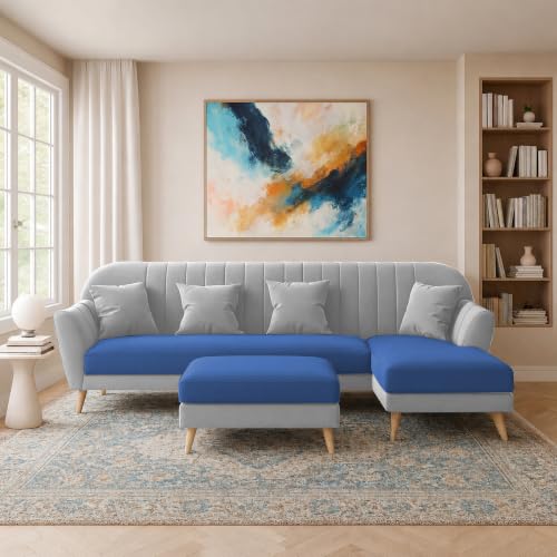 Image of Atticus RHS 6 Seater L Shape Sofa Set with Ottoman Living Room (Blue Grey Colour Fabric) Premium Fabric Sofa Set for Living Room