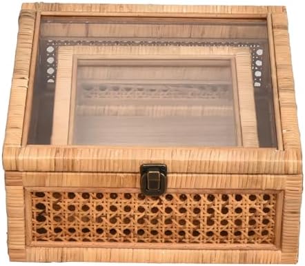 DECOR4SEASON Rattan and Cane Square Stacking Boxes with Glass Top Lid - Set of 2 for Boho, and Rustic Farmhouse Decor