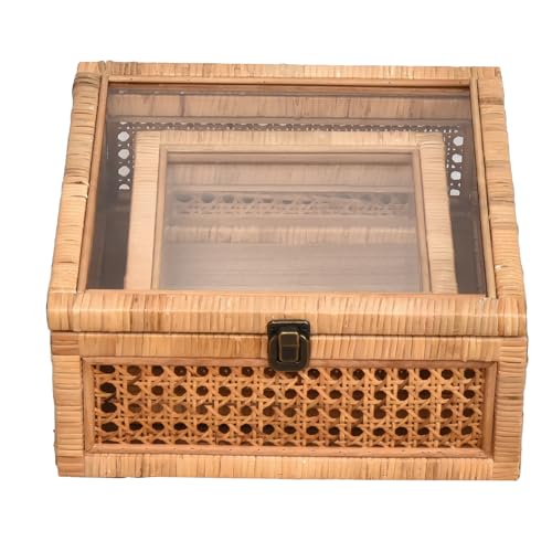 DECOR4SEASON Rattan and Cane Square Stacking Boxes with Glass Top Lid - Set of 2 for Boho, and Rustic Farmhouse Decor