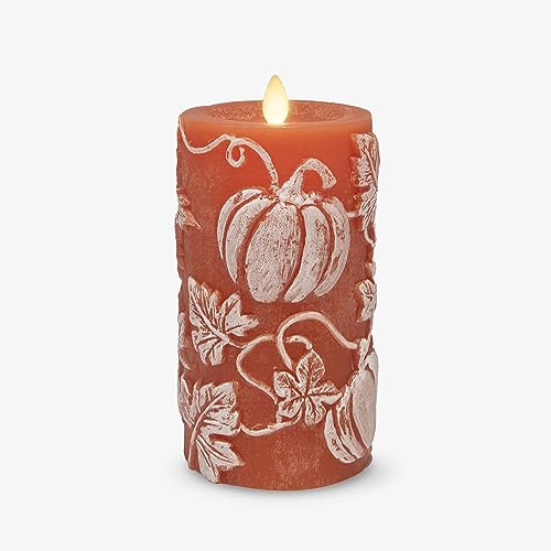 Image of Luminara Embossed Leaves and Pumpkins Moving Flame Pillar Candle 3.25 inch x 6.5 inch with Recessed Edge Unscented Real Wax LED Battery Operated Candle Lights