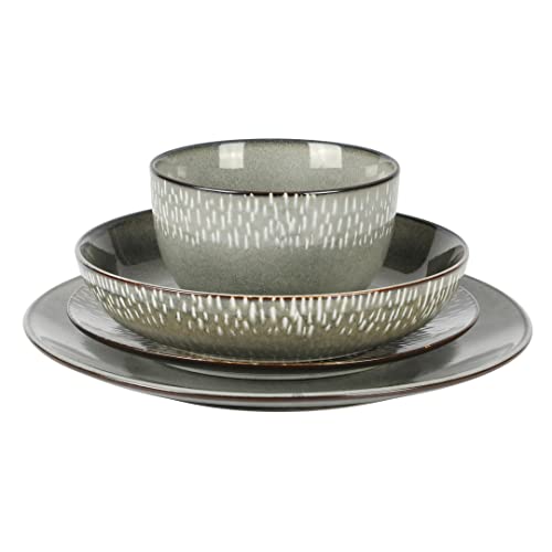 Image of Gibson Elite Matisse 16-Piece Double Bowl Dinnerware Set, Service for 4 - Green Stoneware Plates and Bowls