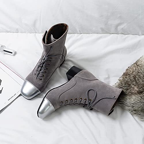 VOKLIN Women's Square Toe Lace Up Dressy Ankle Boots Block Low Heel Velvet Lined Western Dress Short Booties 6