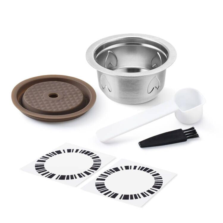 2 cápsulas reutilizables para máquina Nespre*sso Ver*tuo, juego de cápsulas de café recargables de acero inoxidable de 7.5 onzas con 2 tapas de silicona, 1 cuchara, 1 cepillo, accesorios de café para