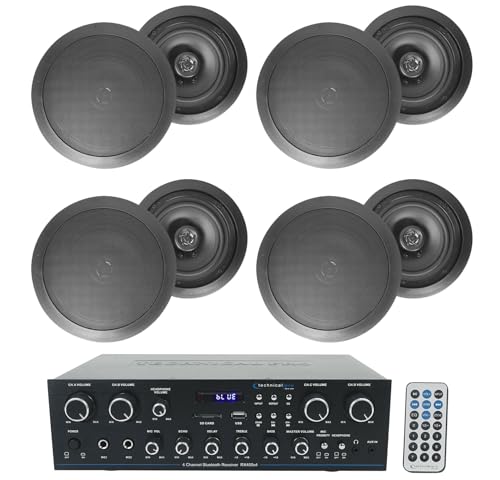 Technical Pro Bundle: RX400X4 4 Channel 8 Speaker Bluetooth Home Receiver+Mic Inputs Bundle with (4) Pairs Rockville HC655 Black 6.5
