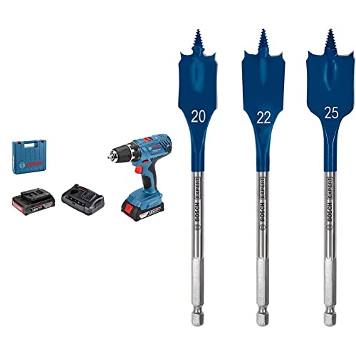 Bosch Professional 18V System Akku-Bohrschrauber GSR 18V-21 (inkl. 2x2,0 Ah Akku, Ladegerät, L-Case) + 6x Expert SelfCut Speed Flachfräsbohrer Set (für Weichholz, Grobspanplatte, Ø 13-25 mm)