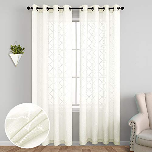 Koufall KF-LX-DKCL-CREAM BEIGE-52X95 Cream Beige Solid Lattice Diamond Embroidery Faux Line Blend Sheer Curtains For Living Room Office Diamond Pattern Curtains Moroccan Window Curtain Panels 52 X 96 Inches Long Set Of 2 thumb #2