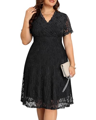 Pinup Fashion Damenkleid für Hochzeitsgäste, Übergröße, halbformell, Cocktailkleid, Spitze, Wickelkleid, V-Ausschnitt, Kurze Ärmel, knielanges...