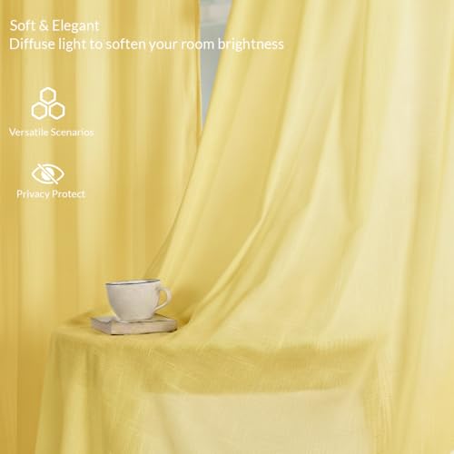 Image of HOMEMONDE Faux Linen Curtains Transparent Sun Light Filtering Drapes Hangs with Rod Pocket for Living Room, Office, Bedroom, Yellow, 1 Piece | Sheer
