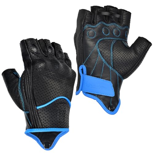 Harssidanzar Guantes de Hombres de la Motocicleta de Cuero Perforado Moto de conducción Guantes CM044EU, Negro/Azul, Talla L