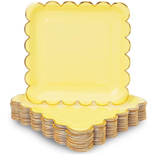 Sparkle and Bash 48-Pack Pastel Yellow Square Paper Plates - Gold Foil Scalloped Edge (9 Inches) - Disposable Plates Sparkle and Bash 48-Pack Pastel Yellow Square Paper Plates - Gold Foil Scalloped Edge (9 Inches) - Disposable Plates