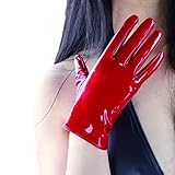 DooWay LATEX GLOVES Hot Red 8-inch Shiny Faux Patent Leather PU Women Gloves Handmade Cosplay Wedding Party Wearing Finger Gloves