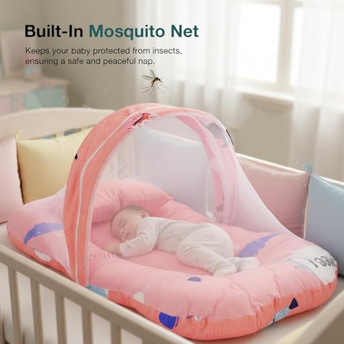 Image of BAYBEE 3 in 1 Baby Bedding Set with Mosquito Net, Foldable Infant Mattress, Portable Travel Nest, Cotton Lounger, Carry Bed with Pillow, Gift for Baby Boy Girl (Pink)