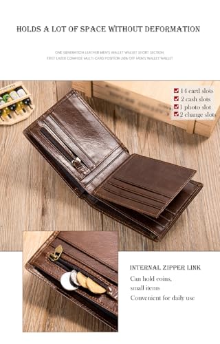 Men's wallet short wallet first layer cowhide multiple card slots 2 fold men's wallet coin purse (Brown)3