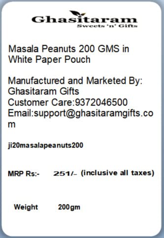 Jaiccha Ghasitaram Namkeen - Masala Peanuts 200 GMS in White Paper Pouch