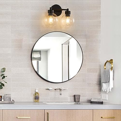 Image of Black Bathroom Light Fixtures, 2 Lights Bathroom Vanity Light with Clear Globe Glass Shades, Wall Sconce Lamp for Mirror, Bedroom, Living Room, Kitchen