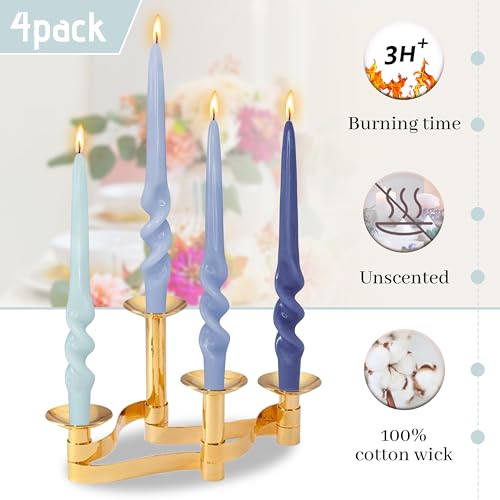 Image of Gradient Blue Smokeless Candles 9.5 Inch Dinner Twisted Taper Candle Unscented Spiral Candlesticks for Holiday Wedding Party Seasons Home Decor 4 PCS