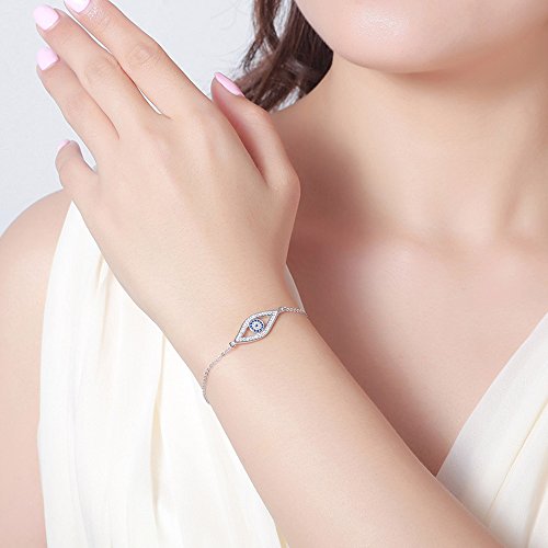 TONGZHE Blue Evil Eye Link Bracelet in Sterling Silver 925 with Cubic Zirconia CZ and 6.5"+1" Cable Chain - Image 3