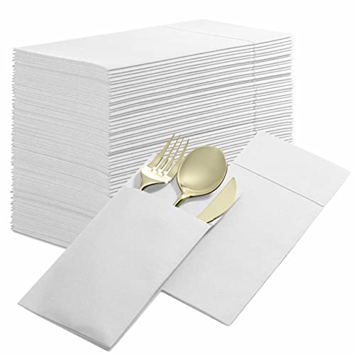 White Linen-Feel Dinner Napkins with Flatware Pocket Soft & Thick Disposable NapkinsWth Pocket For Silverware for Table Settings Events Catering & Hosting (50 Count)