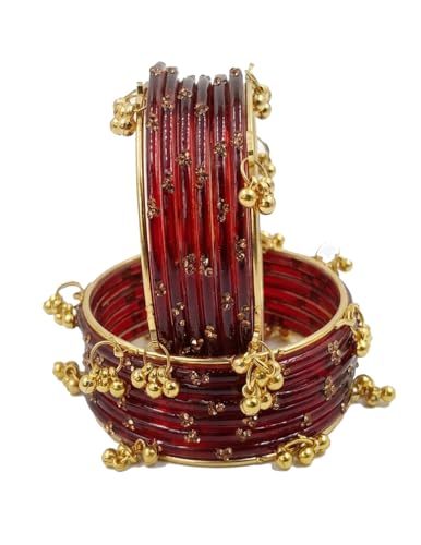 Image of NMII Viral Multi Colour Glass Bangles with Golden Ghungroo Charms & Stone Work For Women & Girls | Fancy Designer Glass Bangle | Traditional Chudi | Kanch Ki Churi | Stylish Ghungroo Bangle For Women