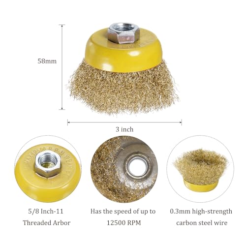 Image of Wire Cup Brush for Rotary Tool - [3 Inch] Coarse Crimped for Paint Stripping Cleaning Rust Light Duty Conditioning, 5 /8 Inch-11 Arbor, Yellow