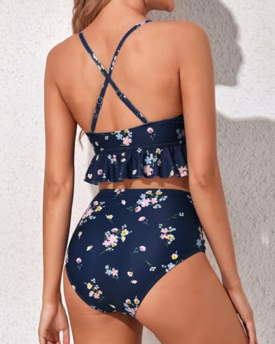 Image of Women Ruffle Bikini Set High Waisted Tummy Control Two Piece Swimsuits | Ruffle,High Waisted,Tummy Control,Removable Bra Pads,Adjustable Shoulder Straps,Full Coverage