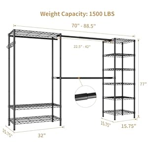 Expandable Heavy Duty Garment Rack Clothes RackLarge Metal Closet Organizer System Storage WardrobeFreestanding Clothing Rack with 9 Adjustable Wire Shelves3 Hang RodsMaxLoad 1500lbs