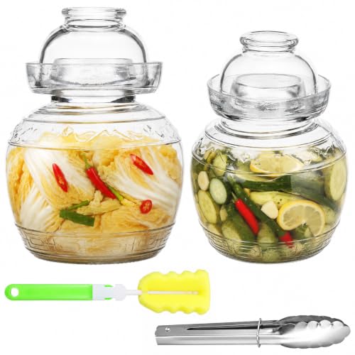 Image of 51 oz & 85 oz Glass Fermenting Jar with Tongs and Cleaning Brush, Thick Pickle Jar with Double Lids, Large Fermentation Jars with Water Seal Trench for Pickles Kimchi Sauerkraut Vegetables