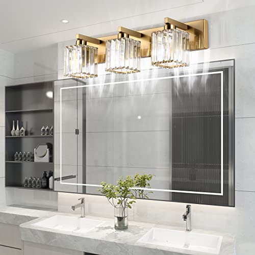 Image of Aipsun Bathroom Vanity Light Fixtures Crystal Vanity Lighting Fixtures Brass 3 Light Bathroom Lighting (Exclude Bulb)