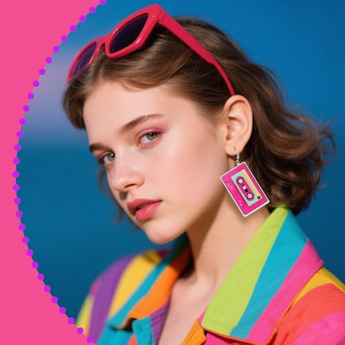 3 Pairs Cassette Tape Earrings, 80s 90s Neon Acrylic Drop Earrings for Women Glitter Retro Jewelry Radio Earring for 80s 90s Outfits Glow Parties Music Festivals Halloween4