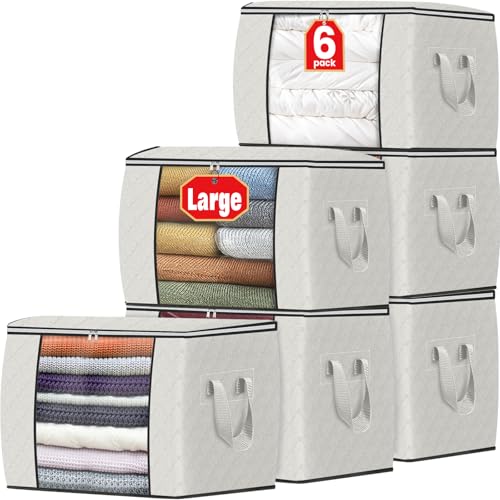 Image of Fab totes 24 Gallons Clothes Storage, Foldable Thick Fabric Blanket Storage Bags, Containers for Organizing Bedroom, Closet, Clothing, Comforter, Organization with Handle (6 Pack,Ivory)