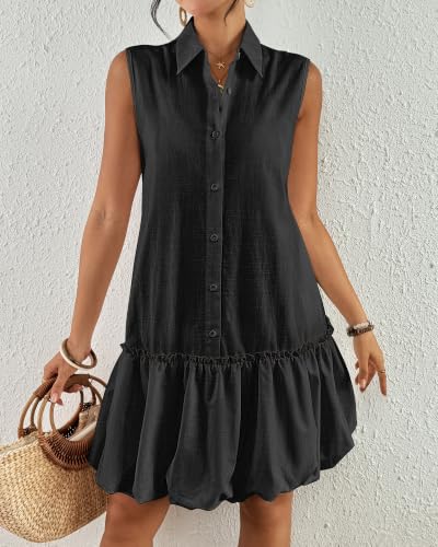 Image of Bsubseach Womens Casual Summer Dresses Sleeveless Linen Bubble Mini Short Dress Button Down Shirt Sundress with Pockets