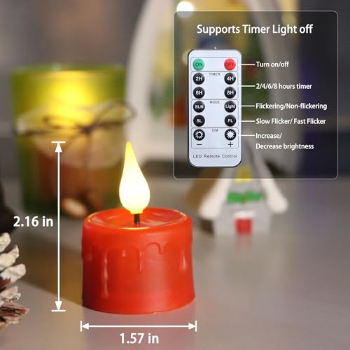 Image of Rechargeable Flameless Tea Lights with Charging Base and USB Cable, Remote Control and Timer, Realistic Flickering Warm White Light, 6 Pack Red LED Candles