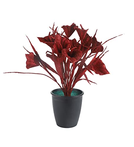 Image of Foliyaj Artificial Red Tulip Plant in Black Pot with Green Grass for Interior Decor | Faux Plant for Desks, Shelves and Side Tables for Your Home and Office | Fake Plants for Indoor Decoration