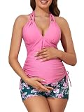 Summer Mae Maternity Two-Piece Halter Swimsuit Tankini V-Neck Side Tie Bathing Suit Pregnancy High Waist Swimwear Powdered Pink Tower Medium