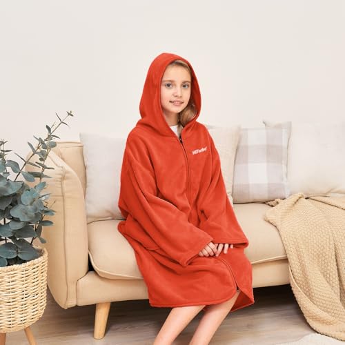 Hiturbo Kids Bath Towel Hoodie: Soft Plush Zipper Surf Poncho - Warm Fleece Changing Towels Swimming Outerwear (Orange)