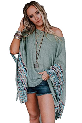 Three Bird Nest Fallon Embroidered Sleeve Poncho - Boxy Cut Pullover, Bohemian Style Kimono, Sage