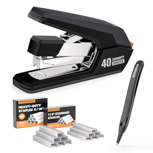Effortless Heavy Duty Desktop Stapler, 40 Sheet Capacity, 1-Finger Press Stapling, Ergonomic & Easy to Load, Includes 2000 Staples and Magnetic Staple Remover, Black