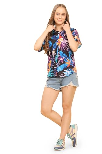 Image of Womens Casual Shirt Soft Beach Shirts Floral Tropic Print V Neck T-Shirt Short Sleeve Button Up Tops