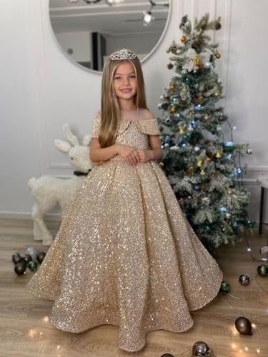 Off Shoulder Sequin Pageant Dress for Girls Sparkly Ball Gown Flower Girl Dresses Princess Kids Toddler Dress3