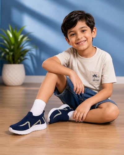 Image of Kids Navy Blue Knit Slip-On Sneakers for Boys | Lightweight Breathable Casual Walking Shoes with Geometric Pattern & Cushioned Sole