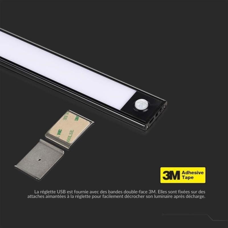 Réglette LED Rechargeable USB 60cm 2,5W Noire avec Détecteur de mouvement - Blanc Neutre 4000K - 5500K
