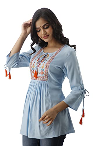 Image of DMP FASHION Women's Rayon Classic Heavy Embroidery Top with Beautifull Tassels at Front and on Both Sleeves