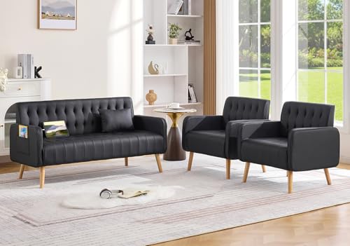 CHYMSUN Black Leather Loveseat and Accent Chair Set of 2, Small Couch w/USB Charging & Pockets, Mid Century Modern Tufted Love Seat and Chair Set, Mini Office Sofa for Living Room, Apartment